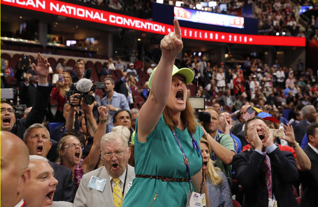 An opponent of the Republican National Convention Rules Committee's report and rules changes screams at the Republican National Convention in Cleveland